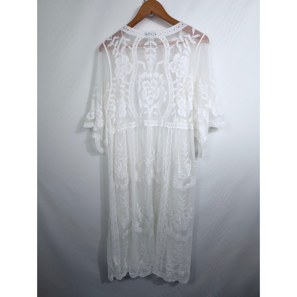 Rachel Zoe White Floral Embroidered Mesh Kimono Cardigan Cover Up One Size - Picture 8 of 8